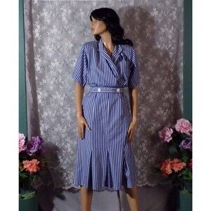 Vintage 90s Striped Dress Size Small 1990s Retro Short Sleeve Midi Coastal Chic